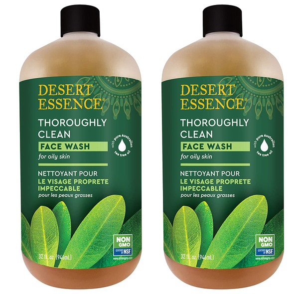 Desert Essence Thoroughly Clean Face Wash - Original - 32 Fl Ounce - Pack of 2 - Tea Tree Oil - For Soft Radiant Skin - Gentle Cleanser - Extracts Of Goldenseal, Awapuhi, & Chamomile Essential Oils