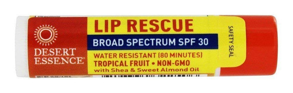 Desert Essence Lip Rescue - Tropical Fruit - .15 Ounce - Broad Spectrum SPF 30 - Water Resistant - Shea & Sweet Almond Oil - Sunscreen - Soothe & Protect Skin