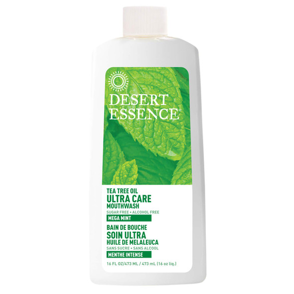 Desert Essence Tea Tree Oil Ultra Care Mouthwash - Mega Mint - 16 Fl Ounce - Freshens Breath - Defends Against Sugar Acids - Vitamin C - Soothes Gums - Whitening Floss - Removes Food Debris