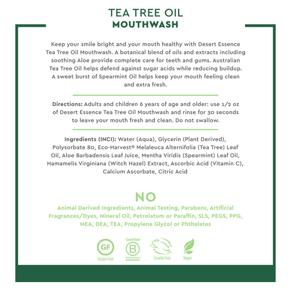 Desert Essence Tea Tree Oil Mouthwash - 16 Fl Ounce - Pack of 6 - Natural Refreshing - Spearmint Flavor - Helps Reduce Plaque Buildup - Refreshes Mouth & Gums - Vitamin C - Oral Care - No Parabens