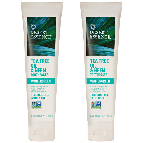 Desert Essence Tea Tree Oil & Neem Toothpaste - 6.25 Ounce - Pack of 2 - Refreshing Rich Taste - Baking Soda & Essential Oil of Wintergreen - Antiseptic - Natural Ingredients - Fluoride & Gluten Free