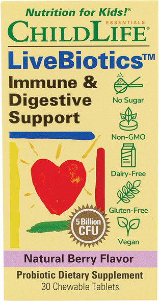 ChildLife Essentials LiveBiotics Immune & Digestive Support - Kids Probiotic, Contains Live Probiotics, Good for Digestion & Immune Support, Allergen-Free, Non-GMO - Natural Berry Flavor, 30 Tablets