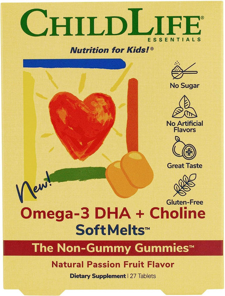 CHILDLIFE ESSENTIALS Omega-3 DHA + Choline SoftMelts - All-Natural Support for Optimal Brain & Nervous System Development & Function in Children & Teens, Sugar-Free - Passion Fruit Flavor, 27 Tablets