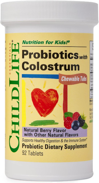 CHILDLIFE ESSENTIALS Probiotics with Colostrum - Kids Probiotic Chewables, Maintain Healthy Digestion and Immune Function, All-Natural, Gluten-Free - Mixed Berry Flavor, 90 Count (Pack of 2)