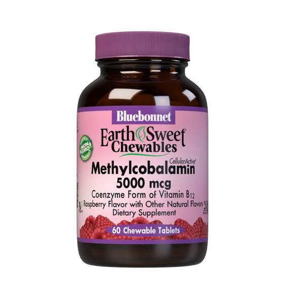 Bluebonnet Nutrition EarthSweet Methylcobalamin 5,000 mcg Active Coenzyme Form of Vitamin B12 Supports Energy Boost & Metabolism - Vegan, Gluten-Free - Raspberry Flavor - 60 Chewable Tablets