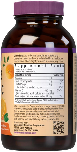 Bluebonnet Nutrition EarthSweet Vitamin C 500 mg Powerful Antioxidant Protection and Immune Health Support Supplement  Maximum Absorption Gluten-Free Vegan Orange Flavor  90 Chewable Tablets