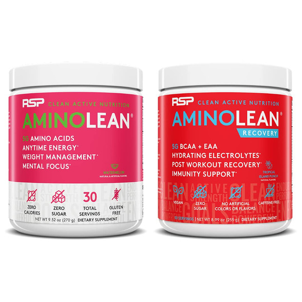 AminoLean Pre Workout Energy (Watermelon 30 Servings) with AminoLean Recovery Post Workout Boost (Tropical Island Punch 30 Servings)