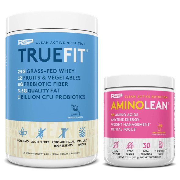 TrueFit Protein Powder (Vanilla 2 LB) with AminoLean Pre Workout Energy (Pink Lemonade 30 Servings)