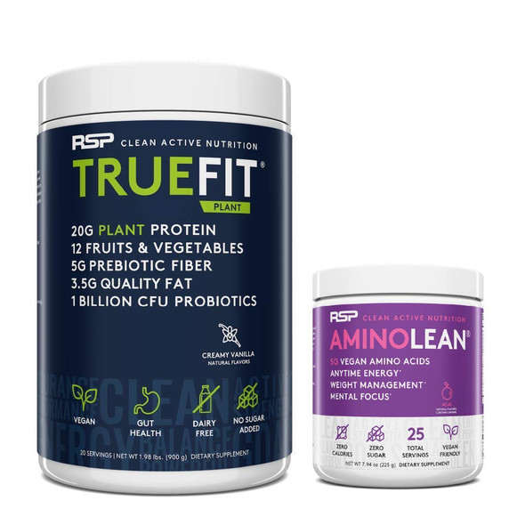Vegan AminoLean Pre Workout Energy (Acai 25 Servings) with TrueFit Vegan Protein Powder (Creamy Vanilla 2 LB)