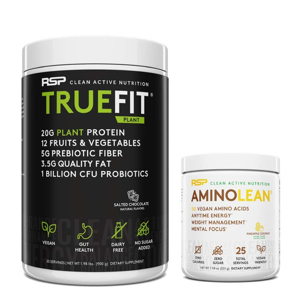 Vegan AminoLean Pre Workout Energy (Pineapple Coconut 25 Servings) with TrueFit Vegan Protein Powder (Salted Chocolate 2 LB)