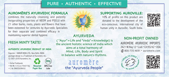 Auromere Ayurvedic Herbal Toothpaste, Fresh Mint - Vegan, Natural, Non GMO, Flouride Free, Gluten Free, with Neem & Peelu (4.16 oz), 5 Pack