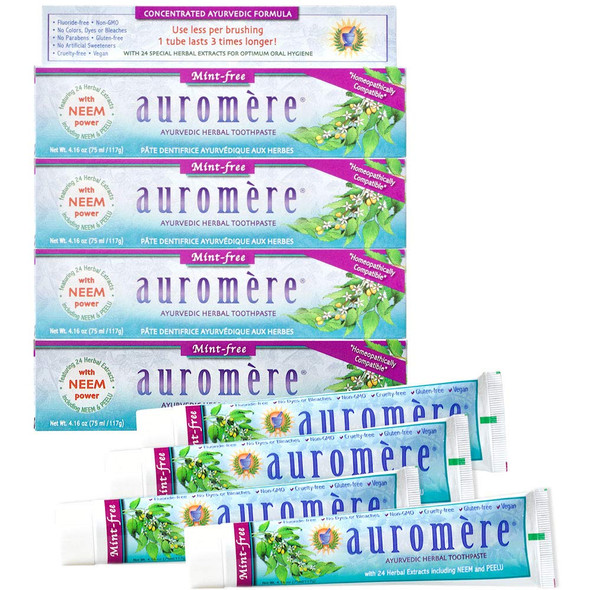 Auromere Ayurvedic Herbal Toothpaste, Mint Free - Vegan, Natural, Non GMO, Fluoride Free, Gluten Free, with Neem & Peelu (4.16 oz), 4 Pack