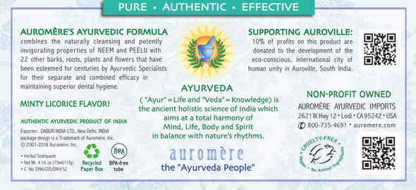Auromere Ayurvedic Herbal Toothpaste, Classic Licorice Flavor - Vegan, Natural, Non GMO, Fluoride Free, Gluten Free, with Neem & Peelu (4.16 oz), 4 Pack