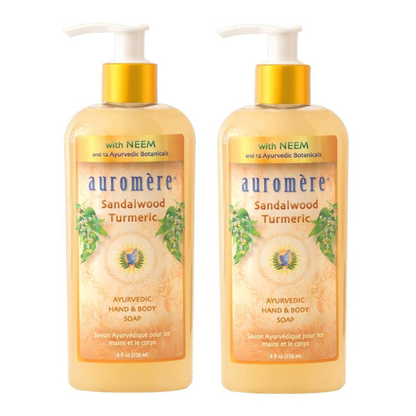 Auromere Ayurvedic Liquid Soap, Sandalwood Turmeric - with Neem and Coconut Oil, Vegan, Cruelty Free, Natural, Non GMO, Paraben-free, Gluten-free - 8oz (Pack of 2)