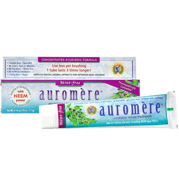 Auromere Ayurvedic Herbal Toothpaste, Mint Free - Vegan, Natural, Non GMO, Fluoride Free, Gluten Free, with Neem & Peelu (4.16 oz), 6 Pack