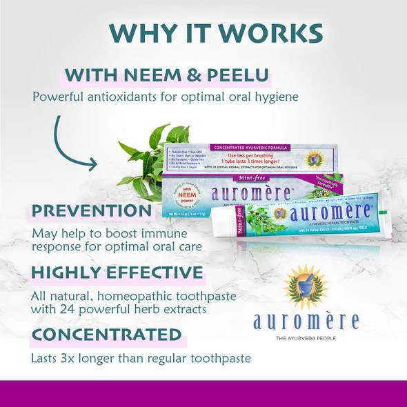 Auromere Ayurvedic Herbal Toothpaste, Mint Free - Vegan, Natural, Non GMO, Fluoride Free, Gluten Free, with Neem & Peelu (4.16 oz), 6 Pack