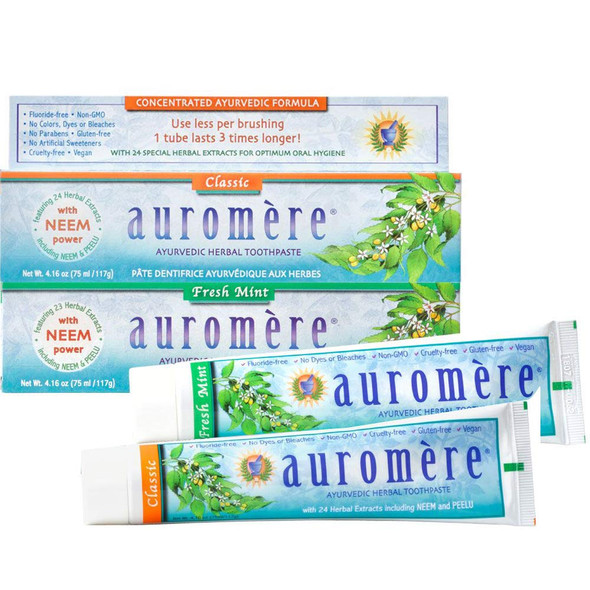 Auromere Ayurvedic Herbal Toothpaste, Fresh Mint, Licorice Bundle - Vegan, Natural, Non GMO, Flouride Free, Gluten Free, with Neem & Peelu (4.16 oz), 2 Pack