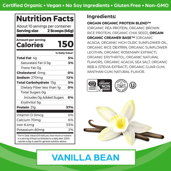 Orgain Organic Vegan Protein Powder, Vanilla Bean - 21g of Plant Based Protein, Low Net Carbs, Non Dairy, Gluten Free, Lactose Free, No Sugar Added, Soy Free, Kosher, 1.02 Pound (Packaging May Vary)