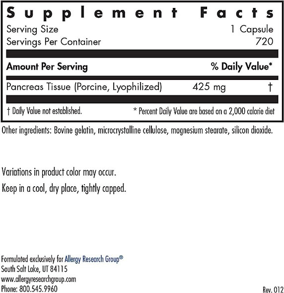 Allergy Research Group- Pancreas Pork 720 Vcaps