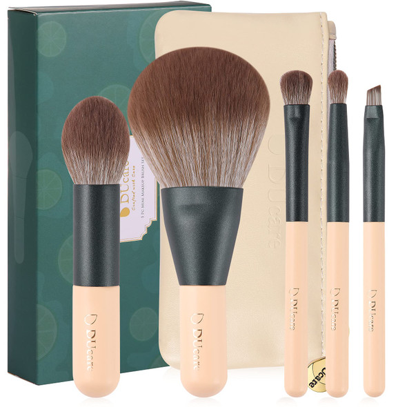 DUcare Travel Makeup Brushes Set with Bag,5PCS Portable Mini Cosmetic Brushes Kit for Powder,Blush,Foundation, Eyeshadow, Tapered Kabuki Coverage Mineral Bronzer Buffing Brush