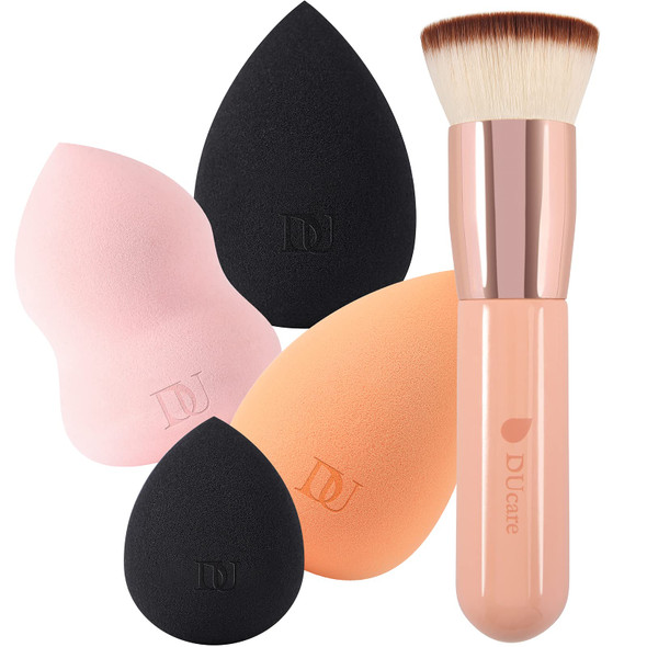 DUcare Foundation Brush with Makeup Sponges Flat Top Kabuki Brush Synthetic Professional Liquid Blending Powder Beauty Makeup Blender