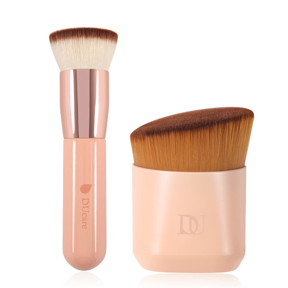 DUcare 2pcs Flat Top Kabuki Foundation Brush, Synthetic Professional Makeup Brushes Liquid Blending Mineral Powder Buffing Stippling Makeup Tools, Pink