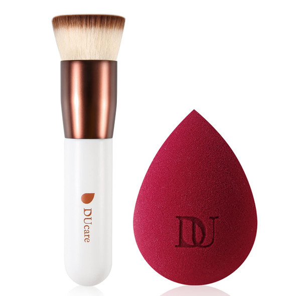 DUcare Flat Top Kabuki Foundation Brush + Makeup Sponge 2PCS