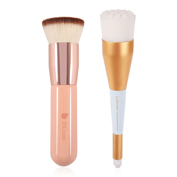 DUcare Flat Top Kabuki Foundation Brush + Manual Facial Cleansing brush 2-in-1 Skin Care face brush Dual End