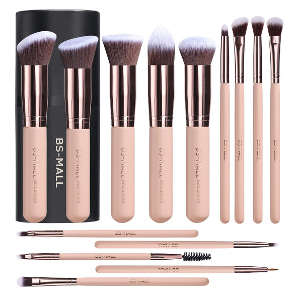 BS-MALL Makeup Brushes Premium Synthetic Foundation Powder Concealers Eye Shadows Makeup 14 Pcs Brush Set, Pink Set, with Case