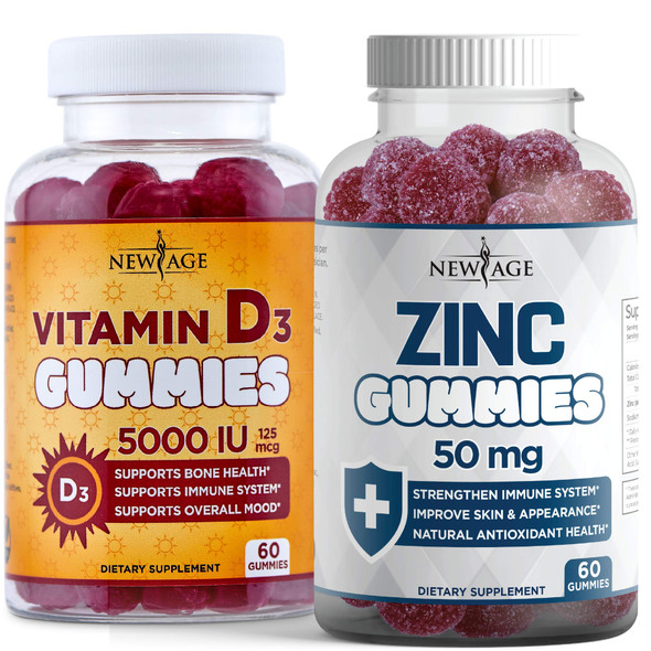 Immune Defense Combo - 2 Pack - Vitamin D3 Gummies 5000 IU 125mcg & High Potency Zinc Gummies, Immune Booster 120 Count by New Age
