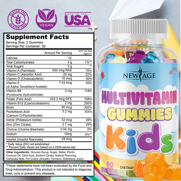 Daily Gummy Multivitamin for Kids - 2 Pack - Immune & Energy Support, Delicious Fresh Kids Complete Daily Multivitamin Essential Vitamins A, B, C, D, E, by New Age - 120 Gummies