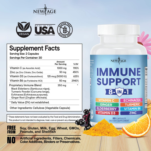 8 in 1 Immune Support Booster Supplement with Elderberry, Vitamin C and Zinc 50mg, Vitamin D 5000 IU, Turmeric Curcumin & Ginger, B6, Echinacea 60 CT