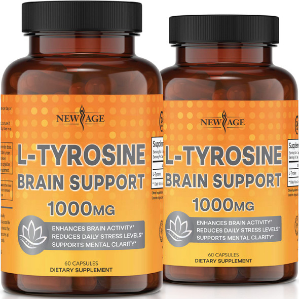 L-Tyrosine Capsules by NEW AGE – 1000mg Capsules Thyroid Support - Support Brain Function- Mental Clarity - Energy Booster Amino Acids Vitamin - 120 Capsules - 2 Pack