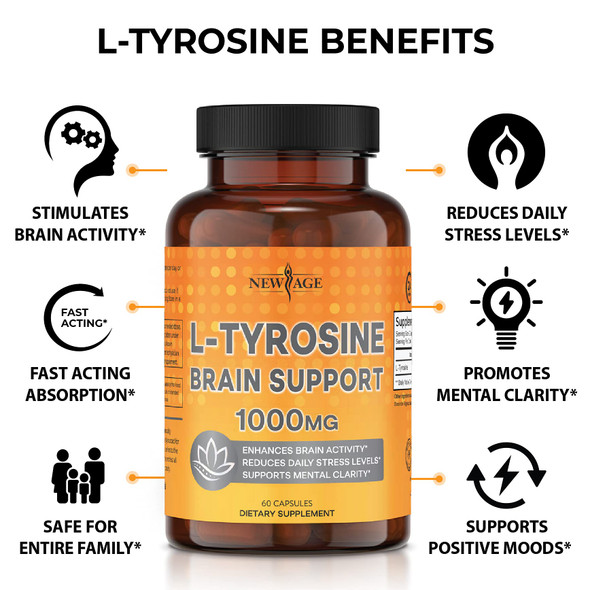 L-Tyrosine Capsules by NEW AGE – 1000mg Capsules Thyroid Support - Support Brain Function- Mental Clarity - Energy Booster Amino Acids Vitamin - 120 Capsules - 2 Pack