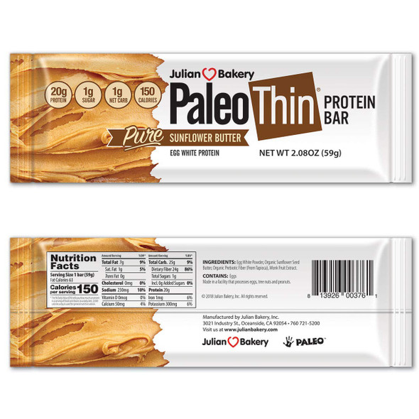 Paleo Thin Protein Bar (Organic Sunflower Butter) (150 Cal, 20g Egg White Protein 5 Net Carbs) (12 Bars)