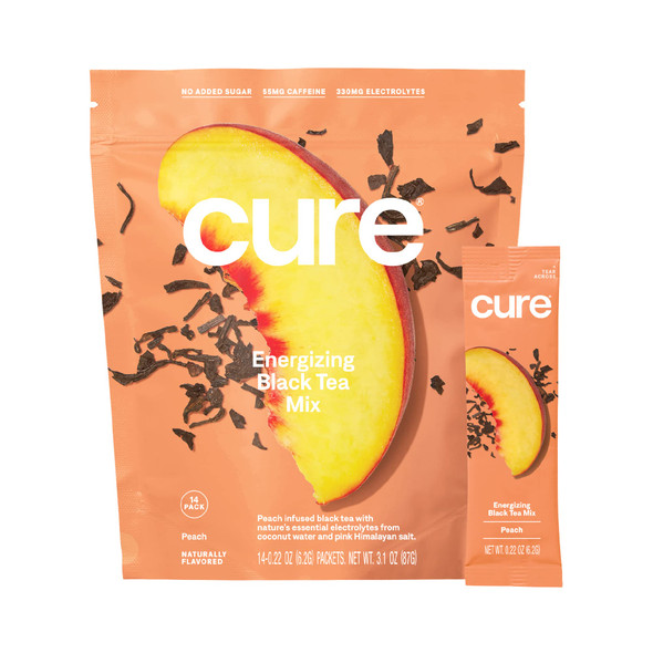 Cure Peach Tea Energizing Hydration Mix - Natural Energy Drink with Electrolytes and Caffeine | Made with Coconut Water | No Added Sugar | Vegan | Pouch of 14 Energy Packets - Peach Tea