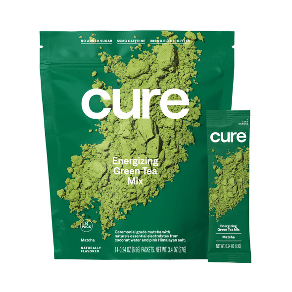 Cure Matcha Energizing Green Tea Mix - Natural Energy Drink with Electrolytes and Caffeine | Ceremonial Grade Matcha | Made with Coconut Water | No Added Sugar | Vegan | Paleo Friendly | Pouch of 14 Energy Packets - Matcha Green Tea Flavor