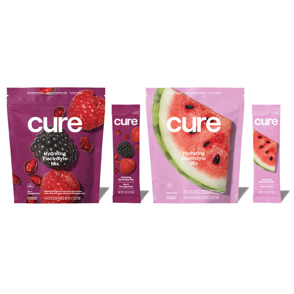 Cure Hydrating Electrolyte Mix | Electrolyte Powder for Dehydration Relief | Made with Coconut Water | No Added Sugar | Vegan | Paleo Friendly | Berry Pomegranate + Watermelon Bundle | 28 Packets