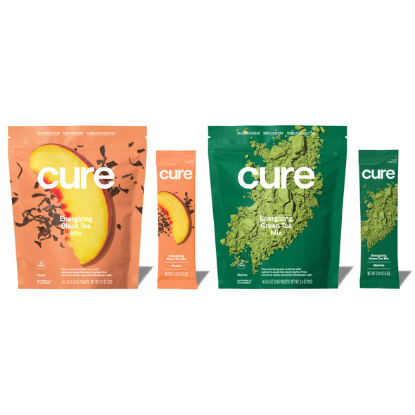 Cure Energizing Hydration Mix - Natural Energy Drink with Electrolytes and Caffeine | Made with Coconut Water | No Added Sugar | Vegan | Paleo Friendly | Peach + Matcha Bundle | 28 Packets