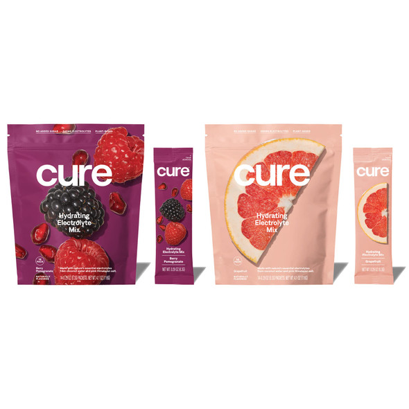Cure Hydrating Electrolyte Mix | Electrolyte Powder for Dehydration Relief | Made with Coconut Water | No Added Sugar | Vegan | Paleo Friendly | Grapefruit + Berry Pomegranate Bundle | 28 Packets