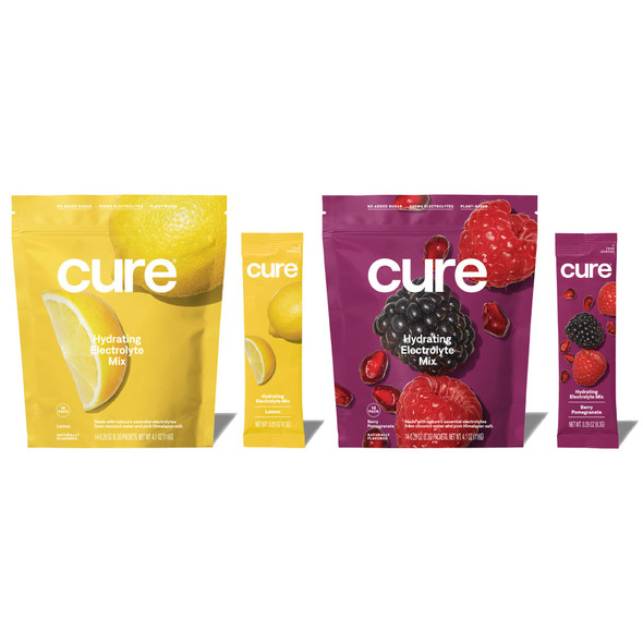 Cure Hydrating Electrolyte Mix | Electrolyte Powder for Dehydration Relief | Made with Coconut Water | No Added Sugar | Vegan | Paleo Friendly | Lemon + Berry Pomegranate Bundle | 28 Packets