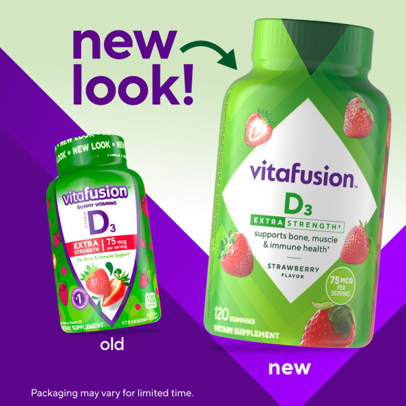 vitafusion Extra Strength Vitamin D3 Gummy, Strawberry Flavored Bone and Immune System Support (1) 120 Count vitafusion Extra Strength Vitamin D3 Gummy, Strawberry Flavored Bone and Immune System Support (1) 120 Count