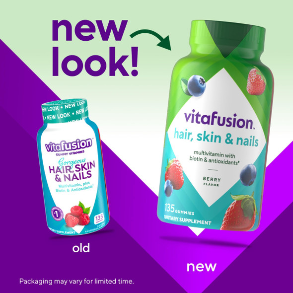 Vitafusion Gorgeous Hair Skin and Nails Multivitamin Gummy Vitamins  plus Biotin and Antioxidant vitamins C and E Raspberry Flavor 135ct 45 day supply from America’s Number One Gummy Vitamin Brand