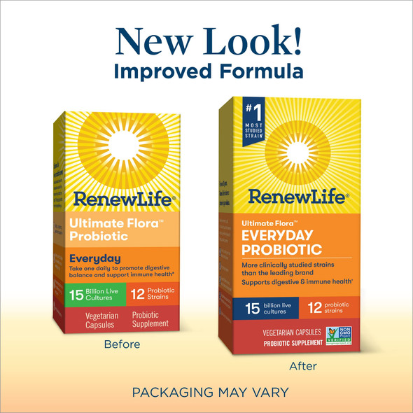 Renew Life Adult Probiotic  Ultimate Flora Everyday Probiotic Shelf Stable Probiotic Supplement  15 Billion  60 Vegetable Capsules Packaging May Vary
