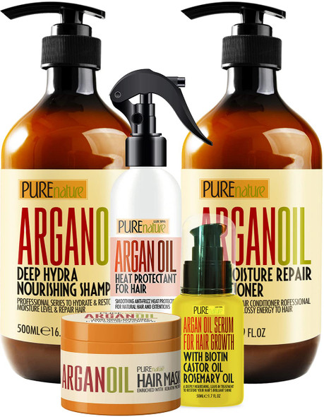Moroccan Argan Oil Shampoo Conditioner Hair Mask Hair Serum with Keratin and Heat Protectant Spray for Damaged Dry Curly or Frizzy Hair  Styling and Treatment Products  Safe for Colored Hair