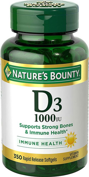 Vitamin D3 by Nature's Bounty for immune support. Vitamin D3 provides immune support and promotes healthy bones. 1000IU, 350 Softgels