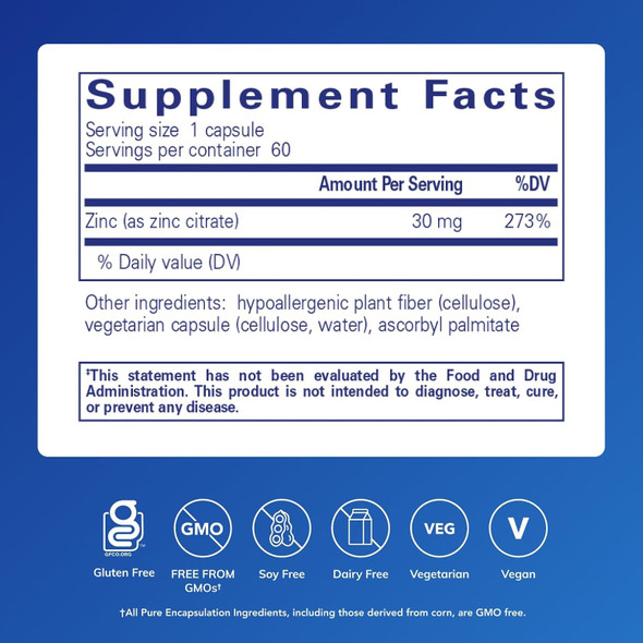 Pure Encapsulations - Zinc (Citrate) - Highly Bioavailable and Hypoallergenic Supplement for Immune Support and Prostate Function - 60 Capsules
