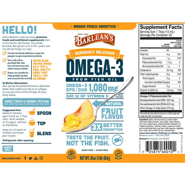 Barleans Mango Peach Omega 3 Fish Oil Supplements  1080mg of EPA/DHA 600 IU Vitamin D3 for Brain Heart Joint  Immune Health  Non GMO Gluten Free AllNatural Fruit Smoothie  16Ounce