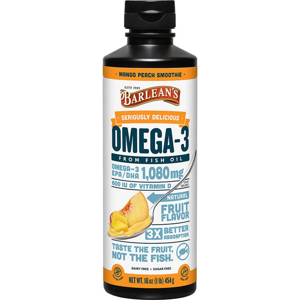 Barleans Mango Peach Omega 3 Fish Oil Supplements  1080mg of EPA/DHA 600 IU Vitamin D3 for Brain Heart Joint  Immune Health  Non GMO Gluten Free AllNatural Fruit Smoothie  16Ounce