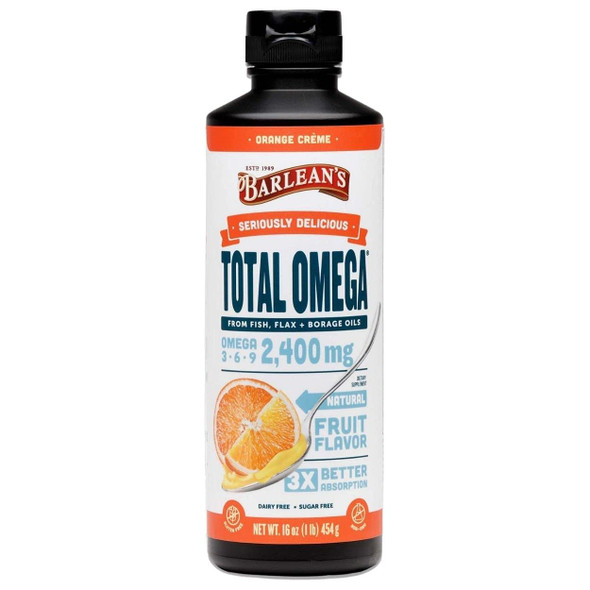 Barleans Total Omega Orange Creme Fish Oil Supplements with Flaxseed Oil and Borage Oil  2400mg of Omega 3 6 9 EPA/DHA  AllNatural Fruit Flavor NonGMO Gluten Free  16 Ounce